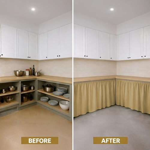 Image of LINENWALAS Under Sink Curtain for Kitchen - Pack of 2 | 132x71 cm Polyester Under-Sink Cover | Washable Storage-Hiding Curtain with Rod Pocket | Kitchen & Bathroom Cabinet Cover (Golden Beige)