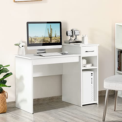 Costway Computer Desk, 40 Inch Laptop Pc Gaming Table With Drawer, Monitor Stand & Storage Shelf, Modern Simple Study Writing Table For Home & Office, Easy Assembly, White #TOP3
