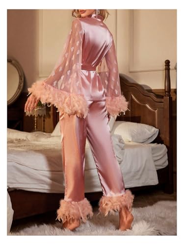 OYOANGLE Women's 2 Piece Pajama Set Satin Contrast Mesh Feather Trim Long Sleeve Belted Top and Pants Lounge Sets2