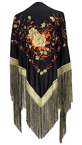 La Senorita | Xaile de Manila de Flamenco | +30 Desenhos e Cores | Tamanho M, Preto laranja, M
