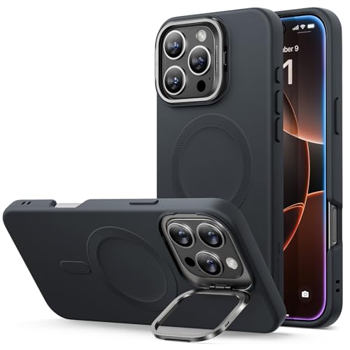 Image of ESR for iPhone 16 Pro Max Case, Silicone Case with Stand, Compatible with MagSafe, Built-in Camera Stash Stand, Magnetic Phone Case for iPhone 16 Pro Max, Cloud Series, Black