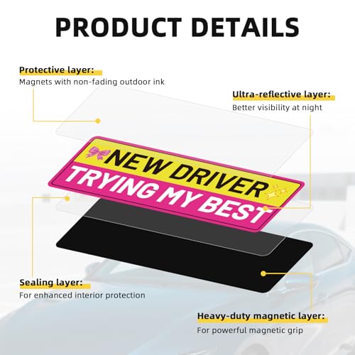 Image of 3pcs New Driver Magnet for Car, Student Driver Sticker Magnetic Sign Reflective Safety Pink Bumper Sticker Removable Funny Beginner Drivers Sign for Vehicles Car Accessories