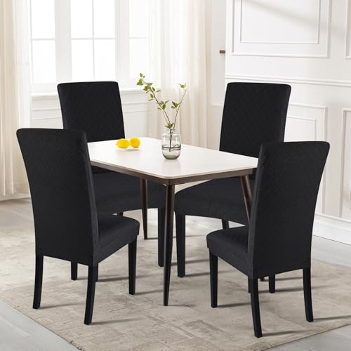 Image of SearchI Dining Room Chair Covers Set of 4, Stretch Jacquard Parsons Chair Slipcovers Removable Washable Kitchen Chair Protector Cover for Dining Room, Hotel, Ceremony (Black Rhombus)