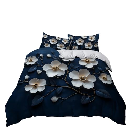 Parure de lit à fleurs bleu marine linge de lit 160x200 3 pièces