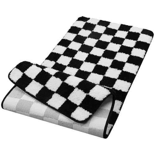 Image of Uphome Bathroom Runner Rug, Black and White Checkered Long Machine Washable Bath Mat Non Slip, 18x47 Water Absorbent Soft Microfiber Bath Rug for Tub, Shower, Floor