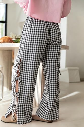 Image of codcm Womens Gingham Striped Wide Leg Pants Y2k Lounge Pants Lace Up Loose Trousers