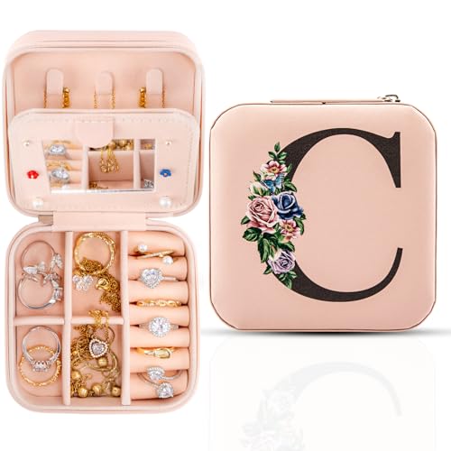 Joyero de viaje con espejo, organizador de joyas esencial de viaje, organizador de anillos, collares y pendientes, joyero de viaje con iniciales personalizadas, regalos para mujeres y niñas,C
