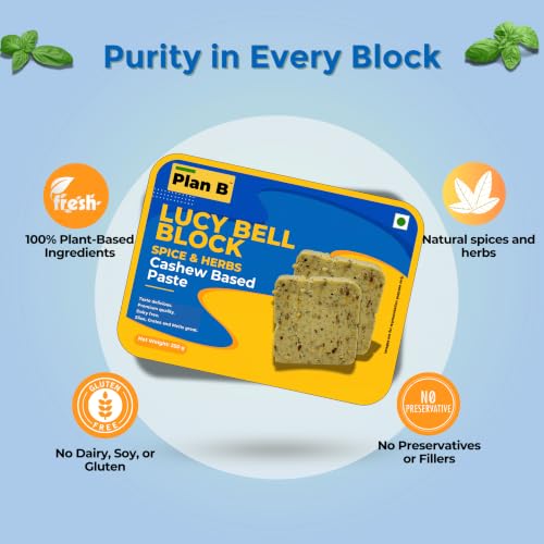 Image of Plan B Plant Based Lucy Bell Cheese - 250g | Spice & Herb Flavored | Plant-Based Cheese Block | Dairy-Free, Lactose-Free, -Friendly | Ideal for Sandwiches, Pasta, and Snacks