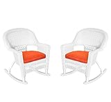 Jeco Rocker Wicker Chair with Red Cushion, Set of 2, White