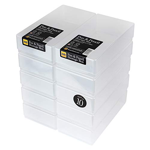 WestonBoxes Plastic Storage Boxes with Lids for Pens, Pencils and Stationery - 1.4 Litre Volume (Clear, Pack of 10)