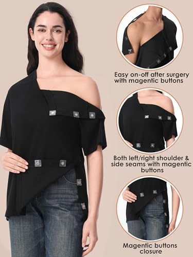 Image of Magnetic Buttons Post Shoulder Surgery Recovery Shirt for Men V-Neck Tear Away Adaptive Chemo Port Clothing for Women