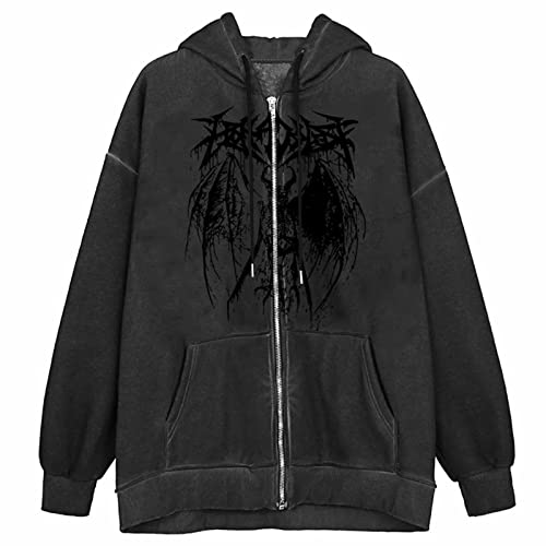 Battnot Damen Zip Up Hoodie Y2k Aesthetic Kapuzenpullover Oversized Sweatshirts Jacke E-Girl 90er Vintage Streetwear Übergroße Hoodies Ästhetische Pullover Sweatshirt Fashion Top, C-schwarz Cover