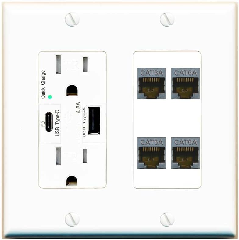 RiteAV - 4 Port Cat6A Ethernet Wall Plate - USB A+C Outlet [Red/White]