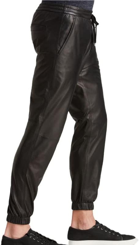 Leather Trens Lambskin Leather Men's Atheletic Black Color Casual, Party Sweat Pant LTSP42