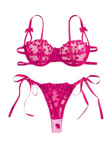 Image of Lilosy Sexy Tie Side Cute Underwire Push Up Strappy Embroidered Mesh Sheer Lingerie Set