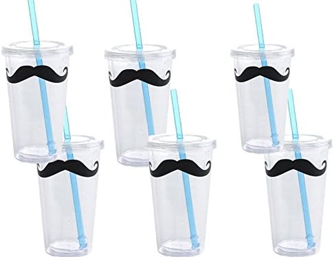 16 Oz Mustache Double Walled Reusable Cup with Lid and Straw (6-pack)