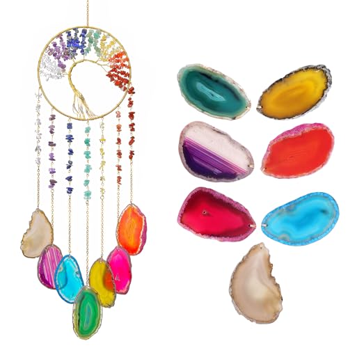 Yoption Tree of Life Agate Slice Wind Chime, Handmade 7 Chakra Healing Crystal Stone Wind Chime for Home Wall Garden Decorative Ornament, Unique Gift