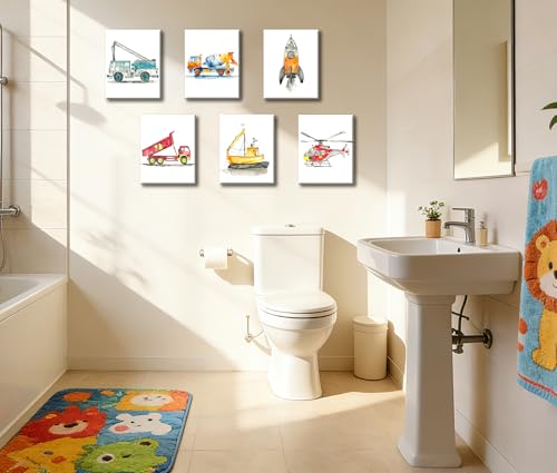 Image of Frimeeme Framed Car Canvas Wall Art for Kids, 8x10 Inches, Set of 6 | Watercolor Vehicles Theme with Fire Truck, Helicopter, Rocket, Cement Mixer, Boat, Dump Truck,Ready to Hang