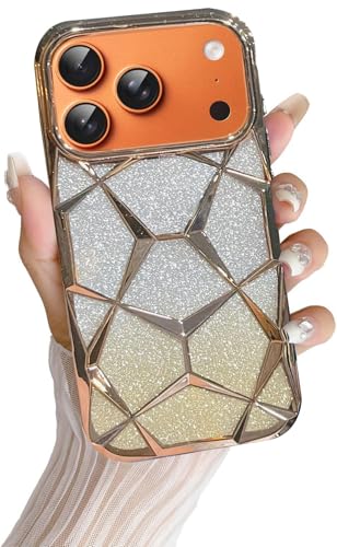 Image of VONZEE Gradient Glitter Back Cover Case Compatible with iPhone 17 Pro, Luxury Electroplated 3D Cube, Diamond Bling Shiny Soft TPU Clear Shockproof Women Girls Protective Phone Cover (Gold)