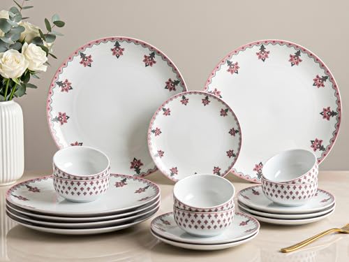 Image of Bodhi House Premium Porcelain Dinner Set 18 Pieces Serving for 6 | Pink Blossom Floral Design | Microwave & Dishwasher Safe | Crockery Set | Dinnerware Set for Home, Dining, Kitchen & Gifting