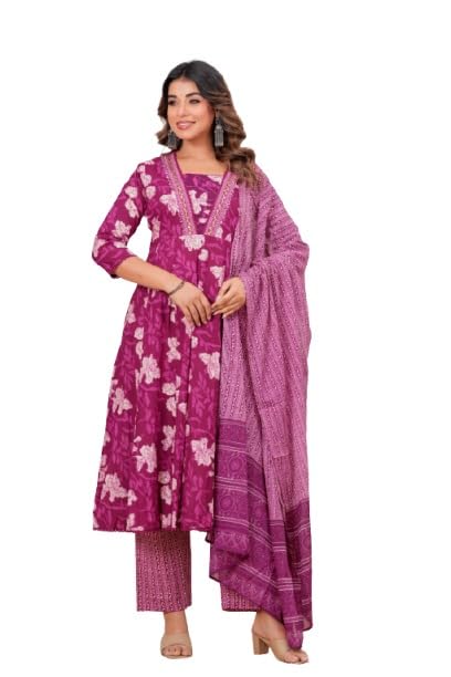 Image of KANCHAN TRADERS Women's Cotton Round Neck 3 /4 Sleeve Chikankari Embroidered Printed Kurta Palazzo with Dupatta Set