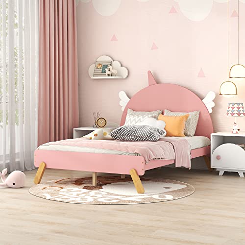 Softsea Kids Full Platform Bed Frame With Headboard Cute Bed Frames For Girls Boys, No Box Spring Needed Easy Assemble, Pink #TOP19