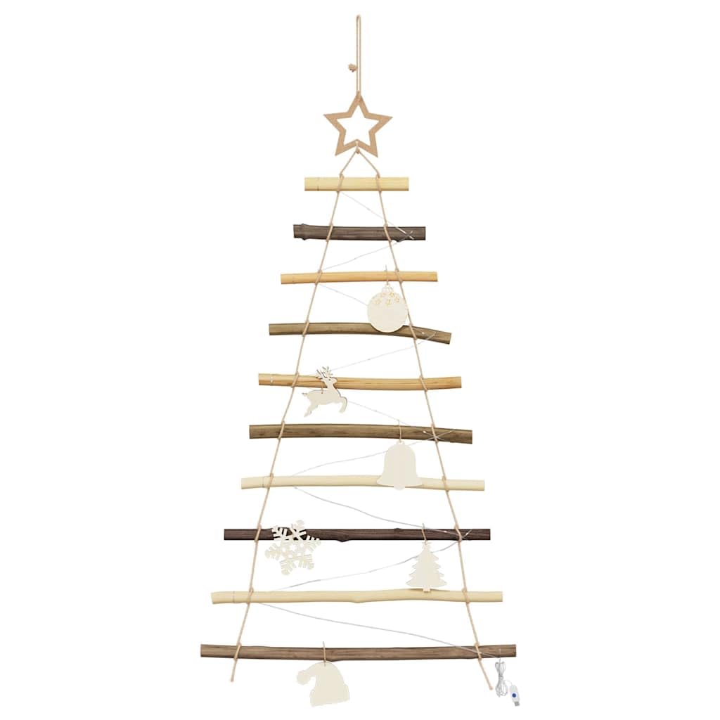 Wisząca choinka, 90 cm, lite drewno jesionowe, naturalne, z 30 diodami LED o ciepłej białej barwie, zasilana przez USB, do użytku wewnątrz i na zewnątrz