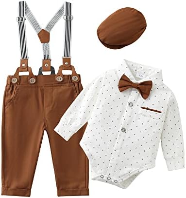 Baby Boy Clothes 0-18M Infant Tuxedo Long Sleeve Gentleman Outfits + Suspender Pants + Bowtie + Beret Hat Baby Boy Suit Set White