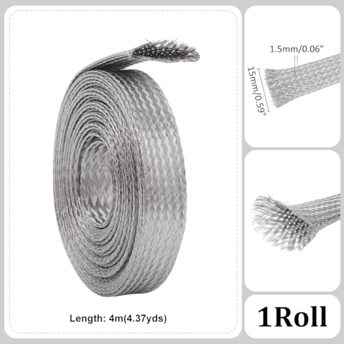 UNICRAFTALE 0.59" Wide Stainless Steel Braided Sleeving Braid 13.12 Feet Cable Wire Shielding Sleeve Ground Straps Protection Metal Mesh Flexible Expandable Scalable Ribbon Flat Wire for Protect Cable - Image 3