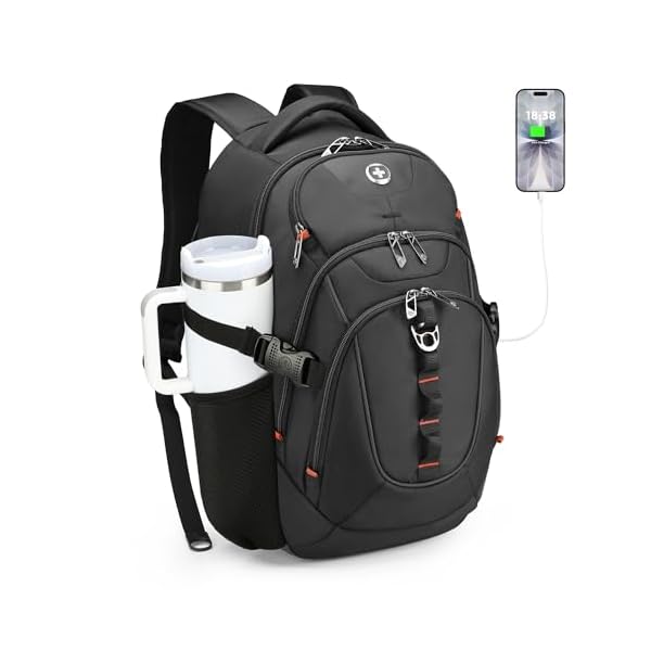 Swissdigital Design Laptop Backpack with USB Charging Port, Travel Backpack Fits 15.6 inches Computer, 31L College School Backpack for Men, Black | SD803-01
