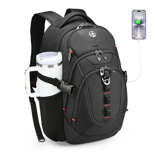 Swissdigital Design Laptop Backpack with USB Charging Port, Travel Backpack Fits 15.6 inches Computer, 31L College School Backpack for Men, Black | SD803-01