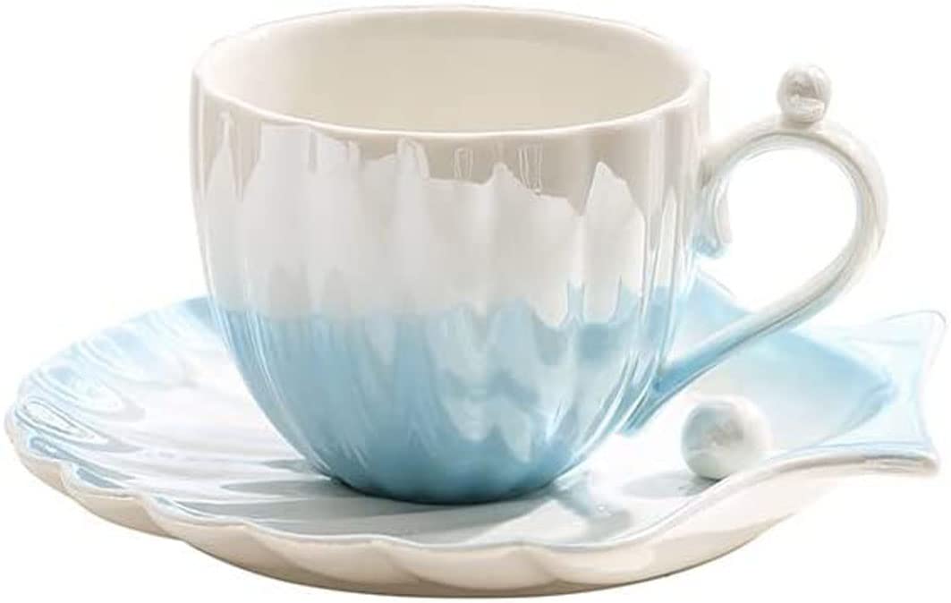Eplze YBK Tech Elegant Pearlescent Oyster Shell Design Ceramic Cup and Saucer Set, 7.5oz Coffee Cup With Saucer and Spoon (Blue)