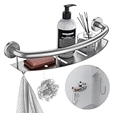 Brushed Nickel 18-inch Safety Grab Bar with Storage Shelf for Bathtub or Shower, Drainage Holes, Stainless Steel, Wall Mounted Grab Bars for Elderly Injured Balance Support
