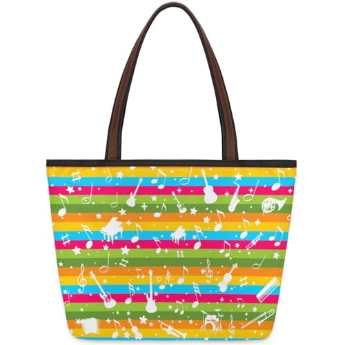 Colorful Stripes Guitar Piano Tote Bag Multi Pocket Zippered Beach Bag Lightweight Waterproof Handbag for Women Men Work Gym Travel Swimming Yoga Grocery Shopping M