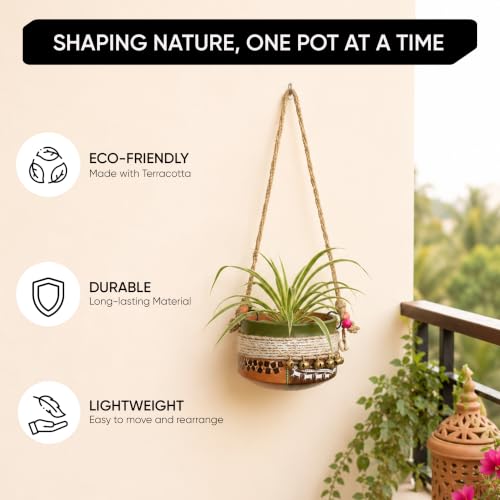 Image of AAKRITI ART CREATIONS Terracotta Hanging Planter | Jute Embellished Brown Earthen Design, Modern Art, Matte Finish | Decorative Hanging Pot for Indoor & Outdoor Home Decor