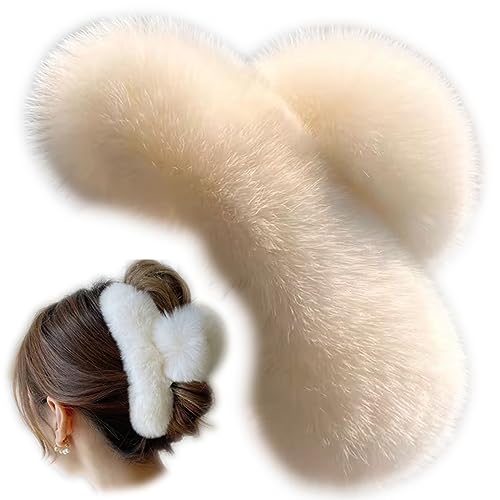 YOYLMAL Large Faux Fur Hair Claw Clip for Women 5.1 Inches Winter Fluffy Fuzzy Hair Clips Nonslip Strong Hold Furry Big Jaw Clamp for Thick Long Hair (White)