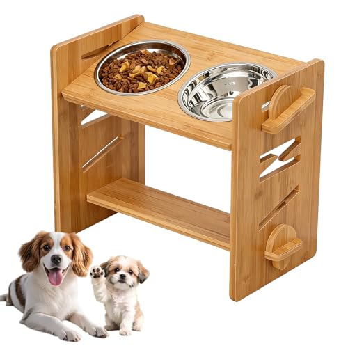 Ciotola per cani rialzata, ciotola per cani e gatti, in acciaio inox, per cani di taglia grande 15°, con supporto, regolabile in altezza, in bambù con 2 ciotole in acciaio inox per cani di taglia