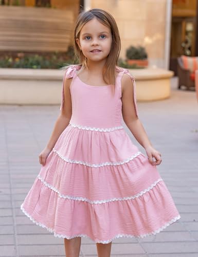 Arshiner Girls Summer Sleeveless Bow-Tie Straps Sundress Flowy Smocked Backless Tiered Lace Swing Midi Dress with Pockets4