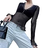 ORANDESIGNE Damen Netzstoff T-Shirt Rundhals Party Oberteil Glitzer-Top Kurzarm Durchsichtig Crop Top Transparent Bauchfrei T-Shirts Club Mesh Oberteile Bluse Tunika Q Schwarz L