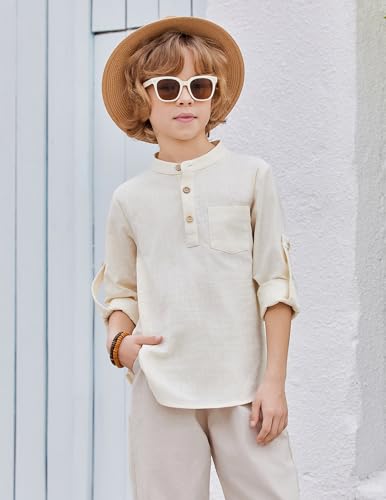 Image of Arshiner Boys Cotton Linen Henley Shirt Button Down Shirt Long Sleeve T Shirt Beach Shirt Tee Casual Solid Tops