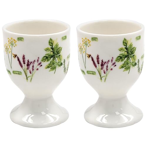The Leonardo Collection Herb Garden Egg Cups by Jennifer Rose Gallery | Decorative Porcelain Breakfast Egg Holders | Botanical Illustration | Rustic Farmhouse Style | Gift for Garden and Nature Lovers