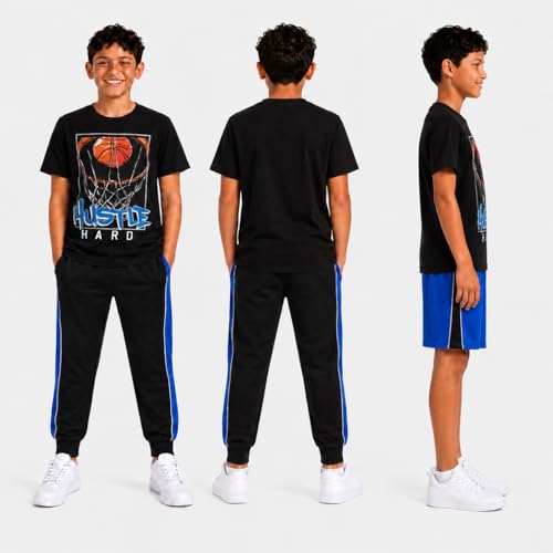 Image of Pro Athlete Boys Pants Set - 3 Piece Active Short Sleeve Graphic Tees Athletic Shorts and Jogger Sweatpants for Boys