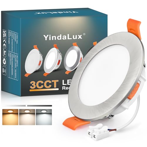 YindaLux Spot LED Encastrable 68mm 5W 550LM Spots de plafond IP44 Spot salle de bain, Blanc Chaud 3000K Blanc Neutre 4000K Blanc Froid 6000K Réglable, Trou Φ65-75mm, AC220-240V, Lot de 1, Nickel
