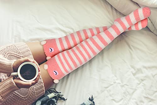 Image of Benefeet Sox Girls Cute Animal Fuzzy Knee High Socks Womens Funny Striped Cozy Winter Warm FluffyThigh High Socks Leg Warmers
