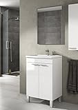 Fabuloso mueble de baño o aseo con espejo y lavabo cerámico incorporado, de tamaño pequeño, ideal para aseos o baños con poco espacio.