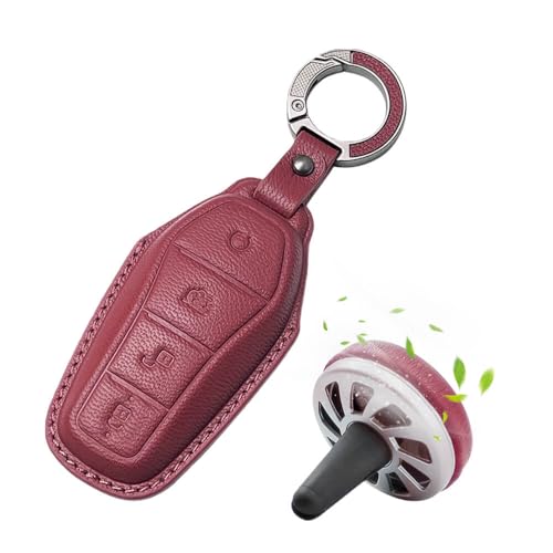 Image of Keyzone Premium Leather Key Cover & AC Vent Car Perfume Combo (4 Fragrances) | Compatible for BYD Seal, Atto3 4 Button Smart Key. (Red)