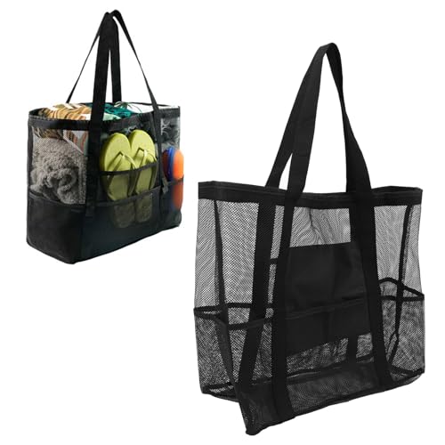 Black Mesh Beach Bag, Extra Large Mesh Beach Tote Bag, Lightweight Beach Shoulder Handbag Pool Bags for Beach Travel Picnic Shopping2