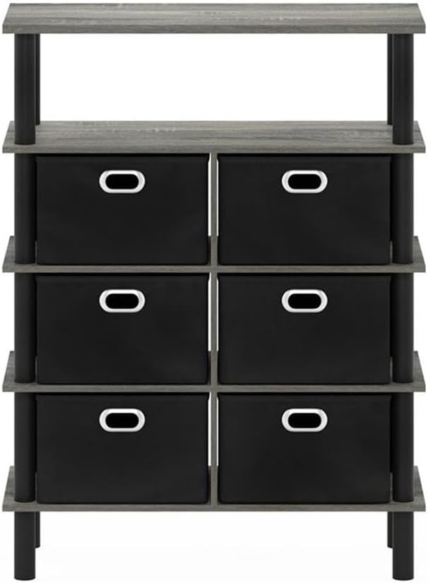 Pemberly Row Engineered Wood Console Table, French Oak Gray/Black Finish, 31.42 in H x 23.62 in W x 9.29 in D, Durable PVC Tube Support, Includes Storage Bins, Minimalist Entryway or Hallway Furniture