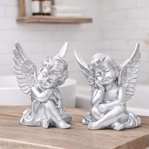 OwMell Set of 2 Cherub Angels Resin Statue Figurine, Indoor Home Decoration