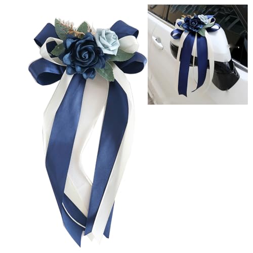 Lot de 4 nœuds de voiture en soie Fleur Mariage Décoration de voiture Simulation Rose Nœud Voiture Poignée de porte Rétroviseur de chaise de mariage...